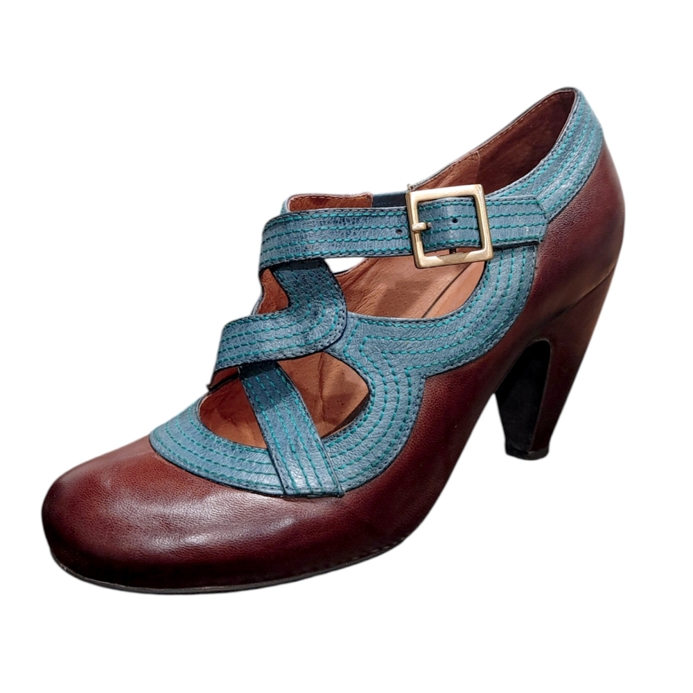 Miz Mooz Soho Brown Teal Leather Mary Jane Retro Pin Up Heels Women's Size 7.5 - Picture 7 of 10